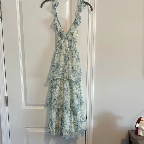 Altar'd State Pale Blue Floral Tiered Ruffle Midi Dress - Picture 3 of 6